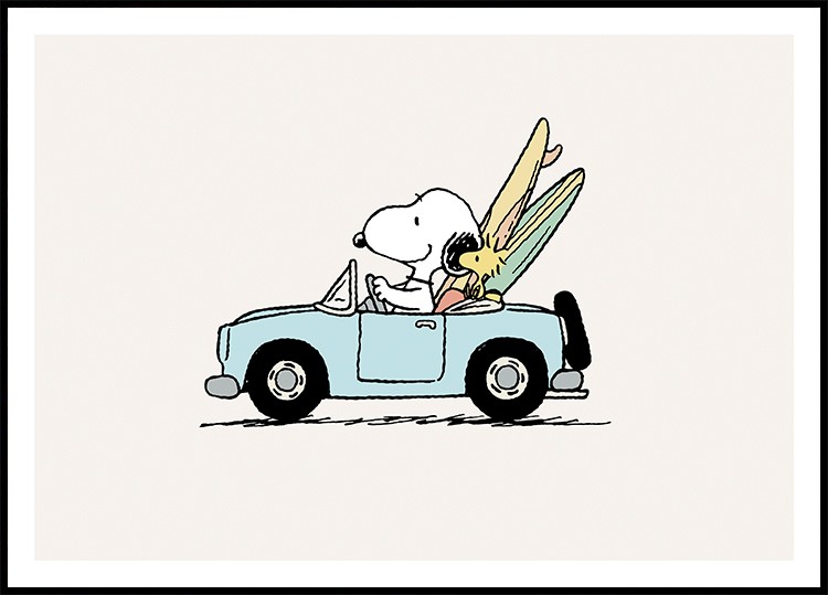 poster of snoopy driving a blue jeep with surfboards in the back